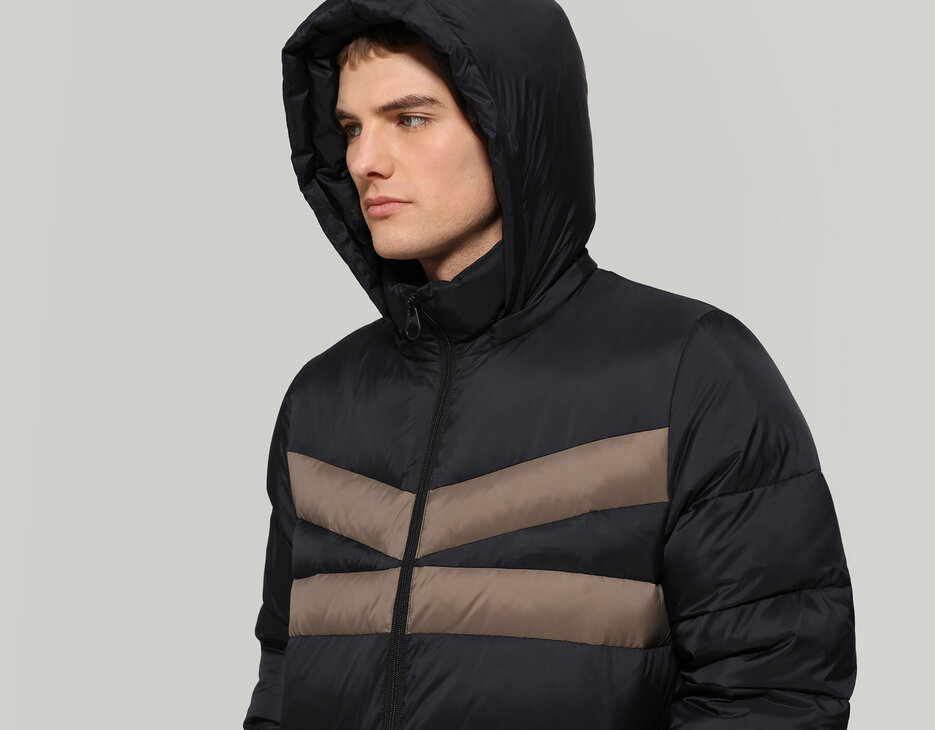 Men's long puffer jacket with stripes , BLACK/BUNGEE CORD Men's long puffer jacket with stripes , BLACK/BUNGEE CORD, hi-res-1