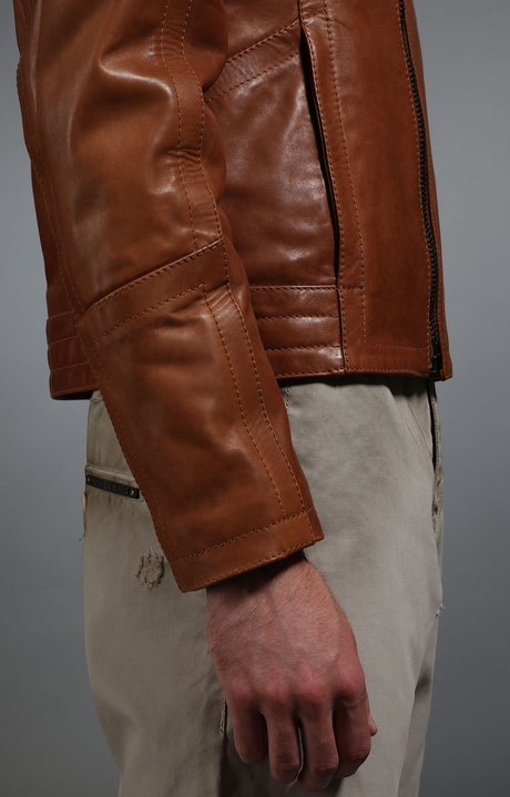 Men's fitted leather biker jacket, BROWN, hi-res-1
