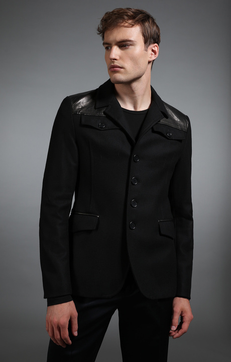 Men's black wool and leather military style jacket, BLACK, hi-res-1