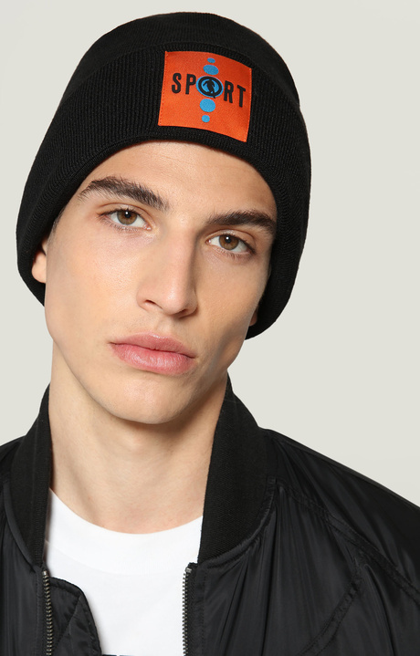 Men's beanie hat with cuff and patch, BLACK Men's beanie hat with cuff and patch, BLACK, hi-res-1