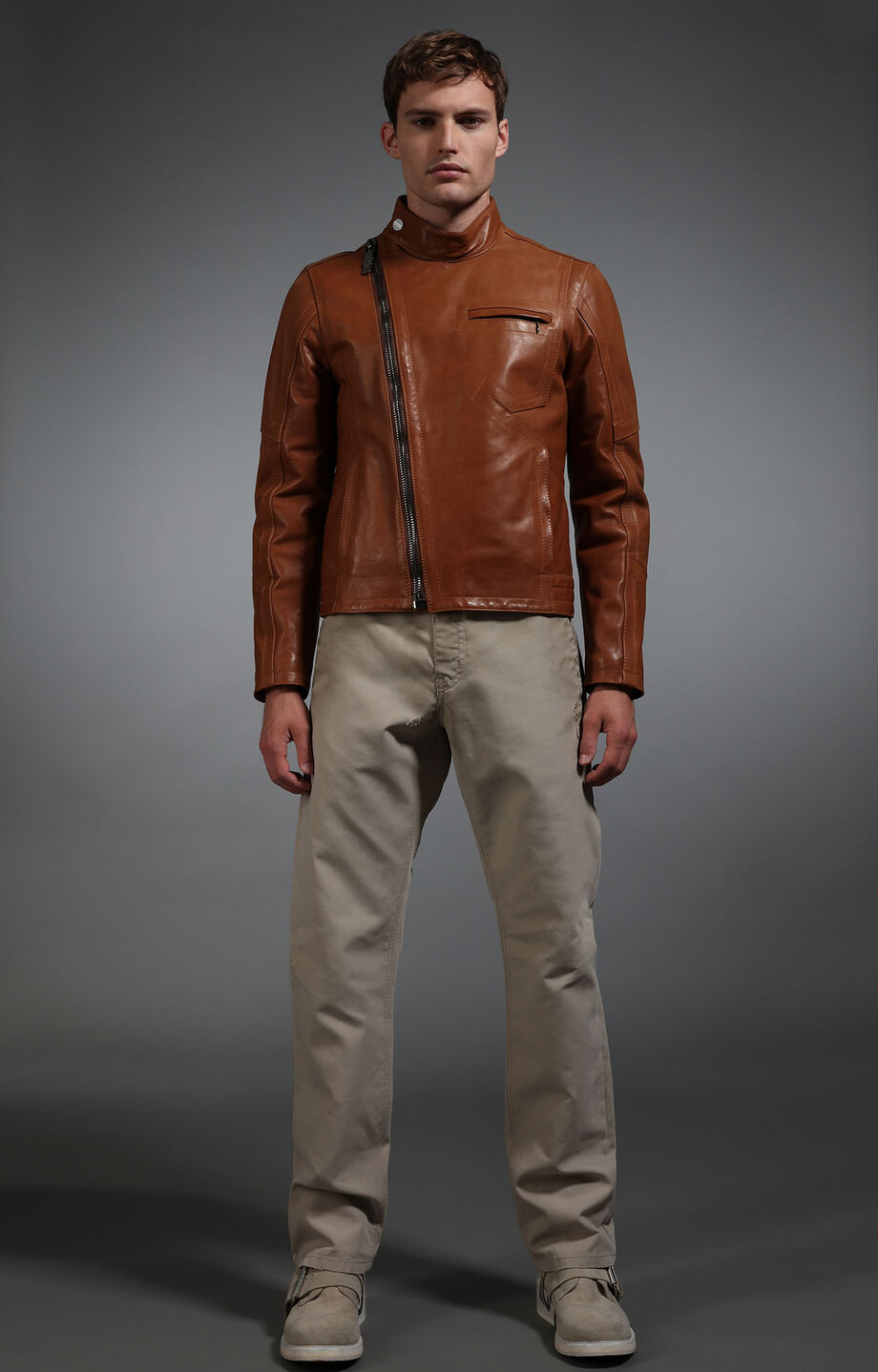 Brown Men's fitted leather biker jacket Bikkembergs