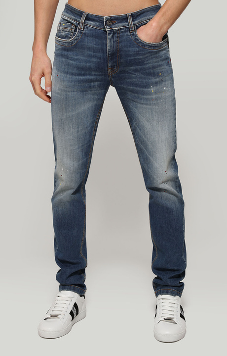 Men's slim fit jeans with artistic splashes, BLUE DENIM, hi-res-1