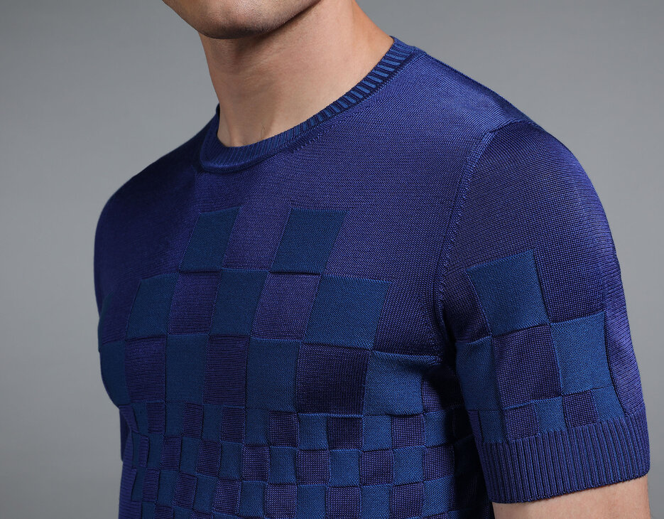 Men's blue jacquard knit t-shirt, BLUE Men's blue jacquard knit t-shirt, BLUE, hi-res-1