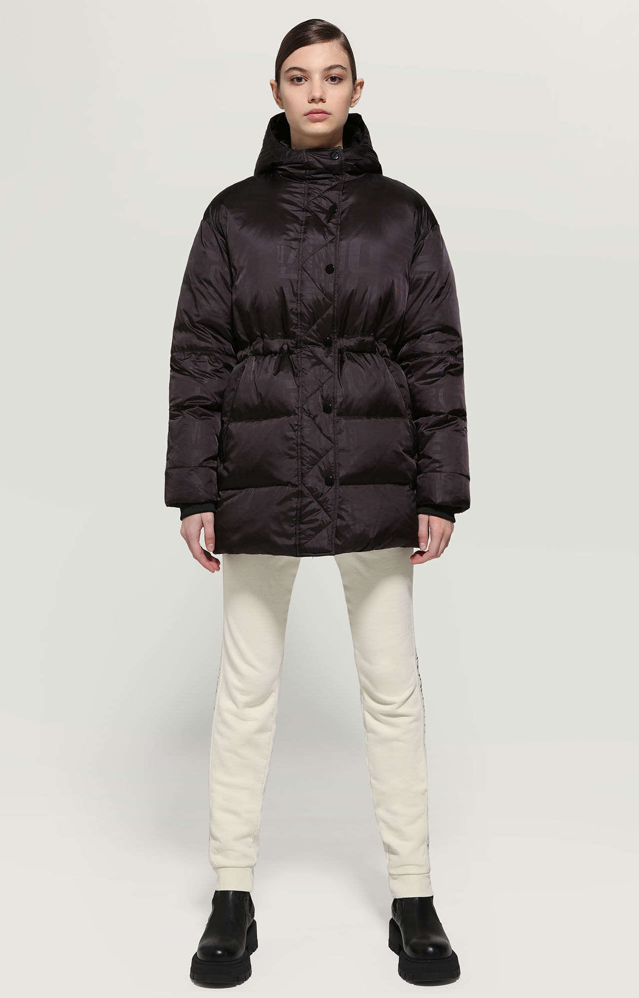 Black Women's long puffer jacket all-over print | Bikkembergs