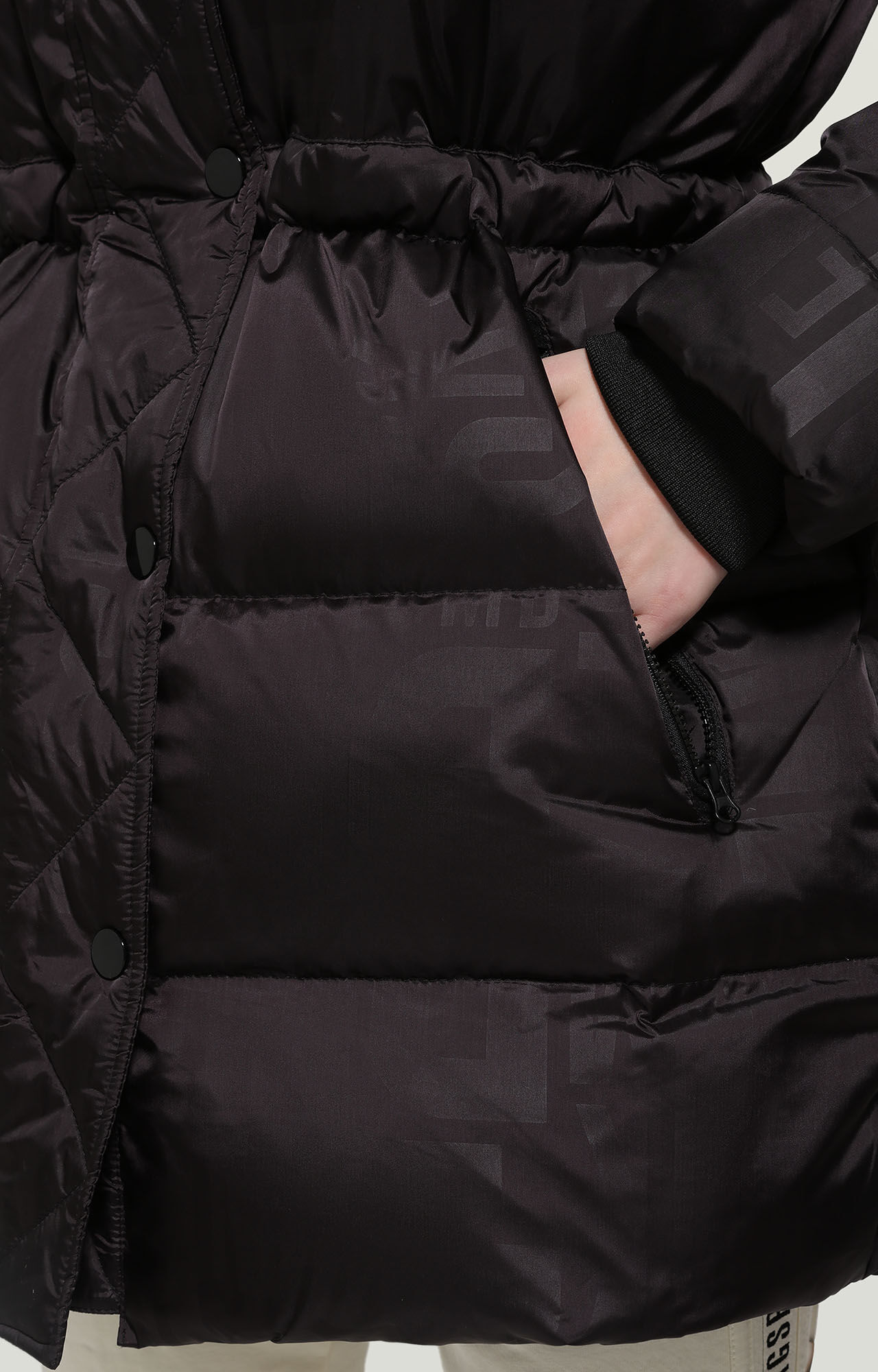Black Women's long puffer jacket all-over print | Bikkembergs