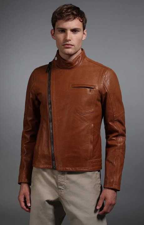 Men's fitted leather biker jacket, BROWN, hi-res-1