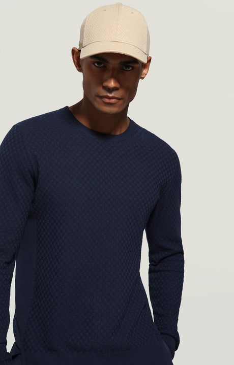 Men's pullover - linen/cotton damier, BLUE, hi-res-1