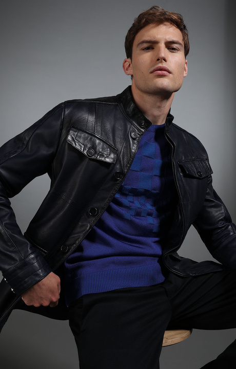 Men's navy leather field jacket, NAVY, hi-res-1