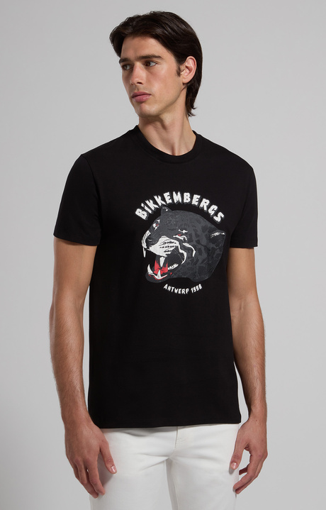 Slim fit men’s T-shirt with jaguar print, BLACK, hi-res-1