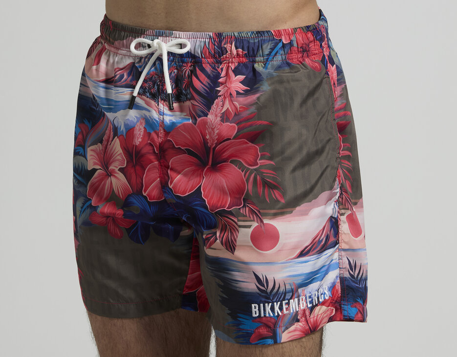 Men&rsquo;s tropical-print swim shorts, RED, hi-res-1