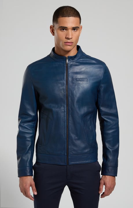 Men's leather biker jacket, BLACK IRIS, hi-res-1
