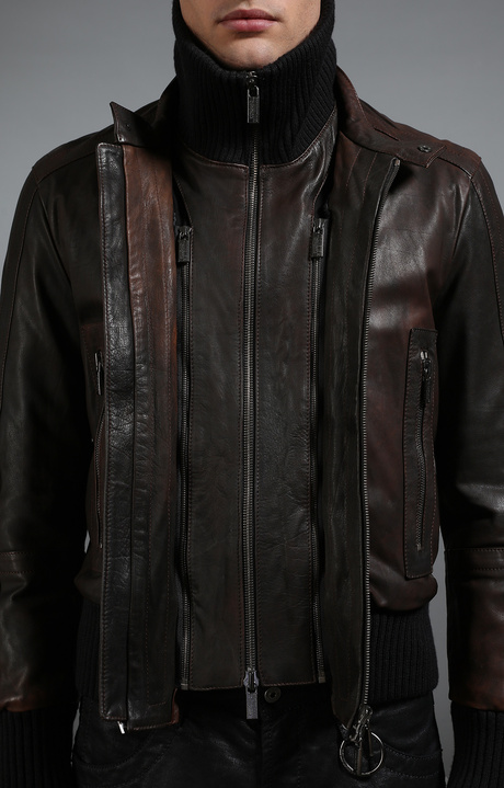 Men's leather bomber jacket, BROWN/BLACK, hi-res-1