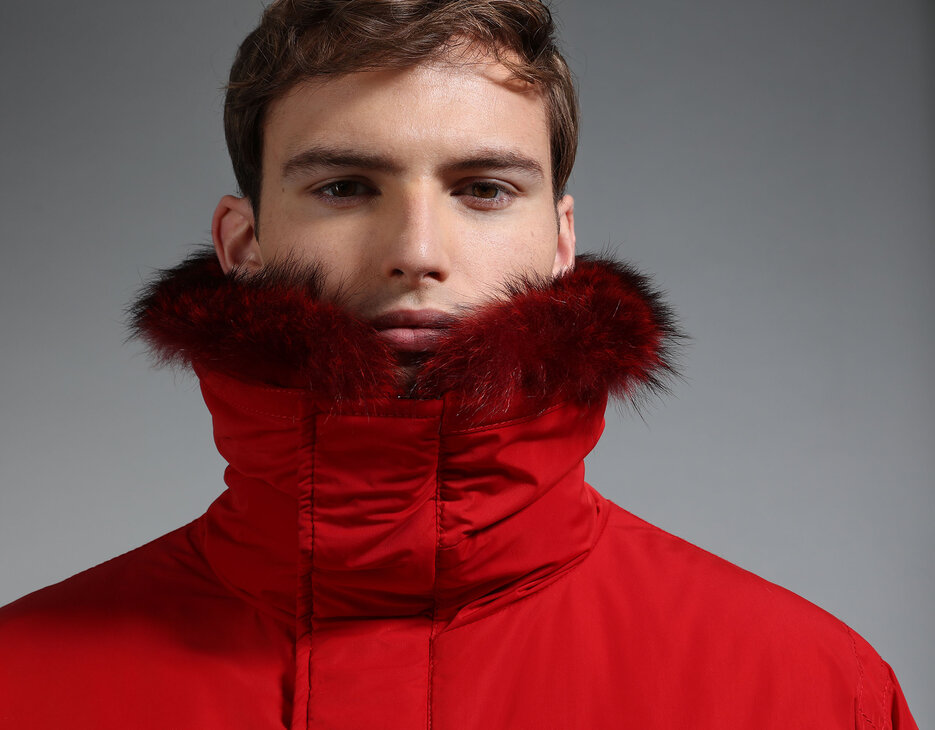 Men's red down jacket with fur trim collar, RED Men's red down jacket with fur trim collar, RED, hi-res-1