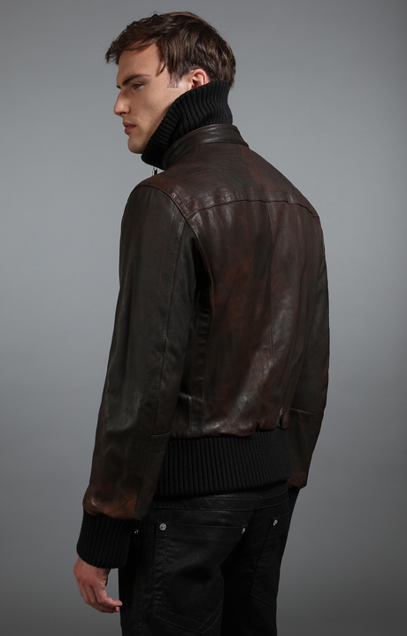 Men's leather bomber jacket, BROWN/BLACK, hi-res-1