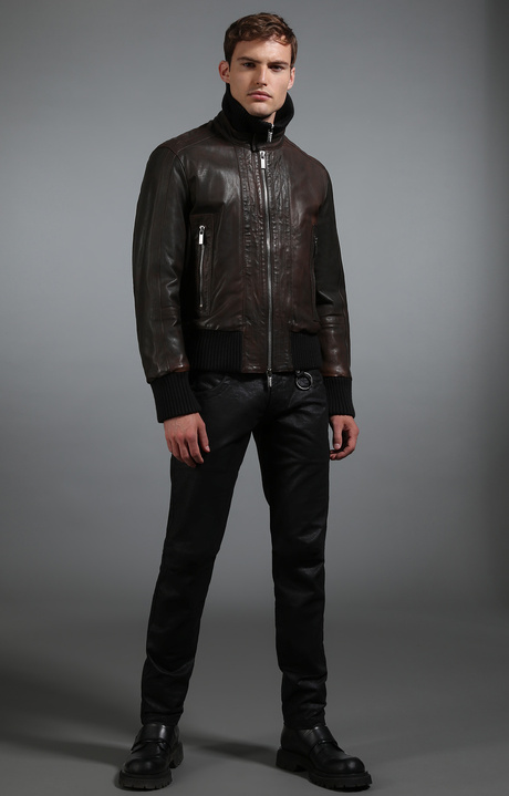 Men's leather bomber jacket, BROWN/BLACK, hi-res-1