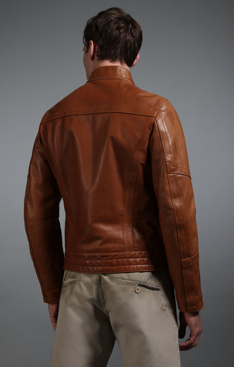 Men's fitted leather biker jacket, BROWN, hi-res-1