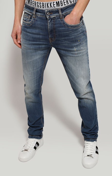 Jeans slim fit uomo con schizzi ad arte, BLUE DENIM, hi-res-1