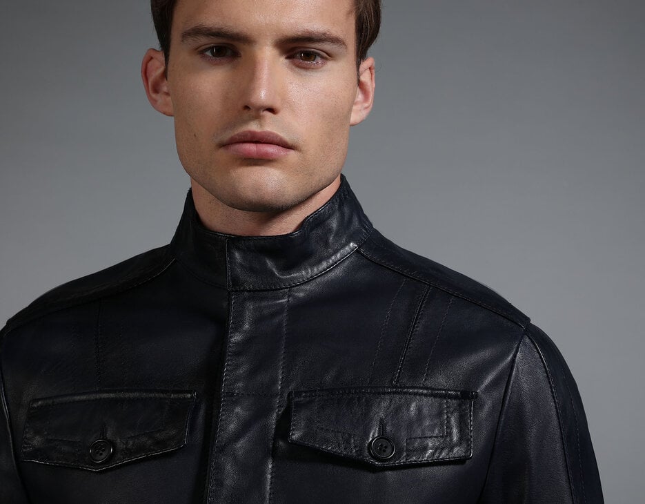 Men's navy leather field jacket, NAVY Men's navy leather field jacket, NAVY, hi-res-1