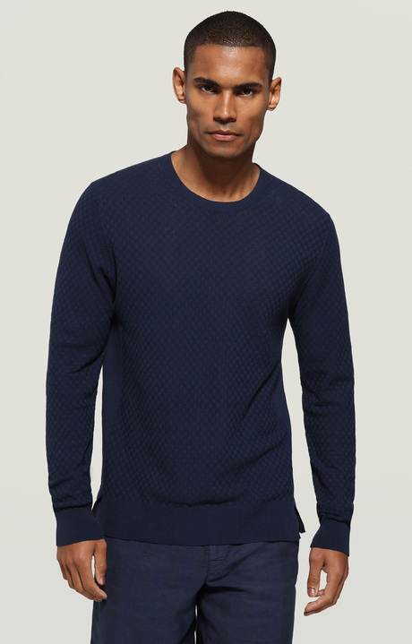 Men's pullover - linen/cotton damier, BLUE, hi-res-1