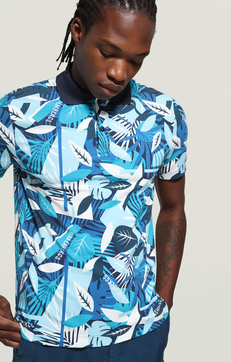 Men's polo shirt - tropical print, TROPICAL BLUE, hi-res-1