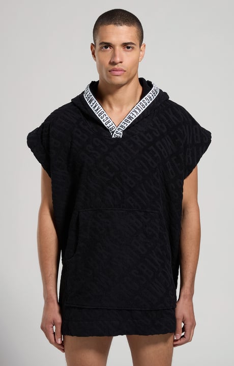 Men's jacquard terry hooded cape, BLACK Men's jacquard terry hooded cape, BLACK, hi-res-1