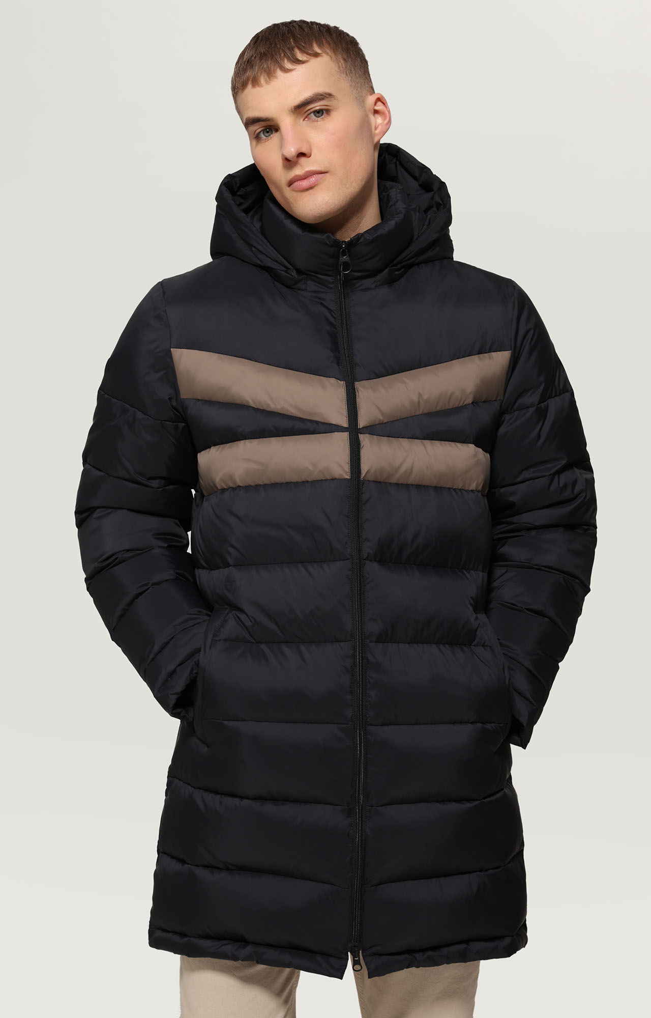 Black Men's long puffer jacket with stripes Bikkembergs
