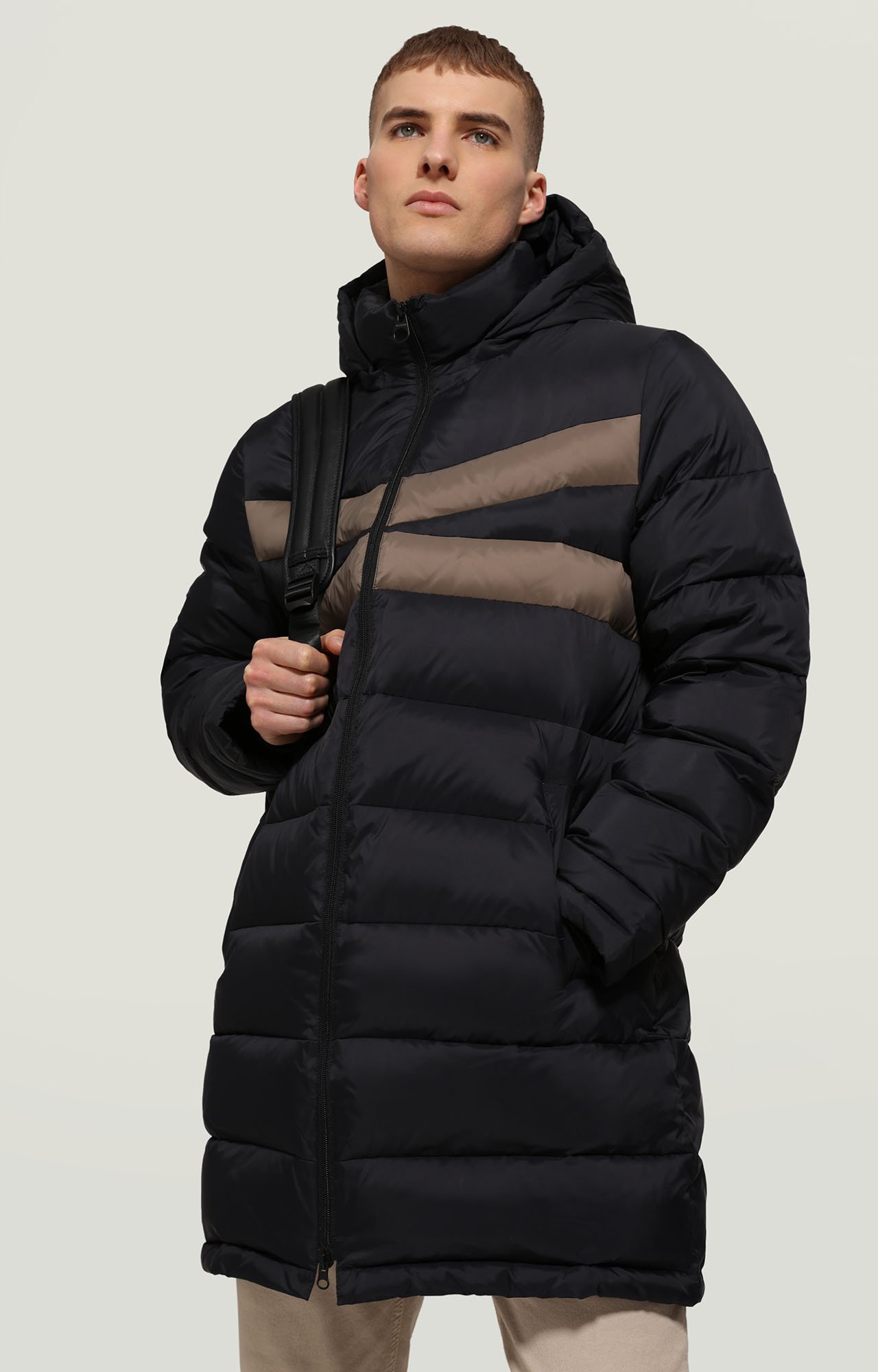 Black Men's long puffer jacket with stripes Bikkembergs