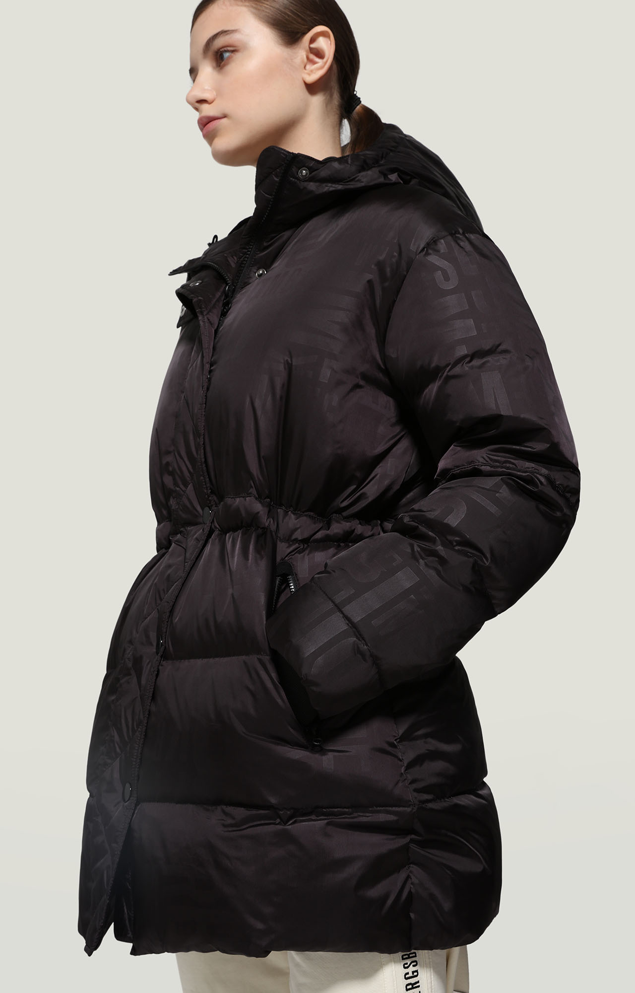 Black Women's long puffer jacket all-over print | Bikkembergs