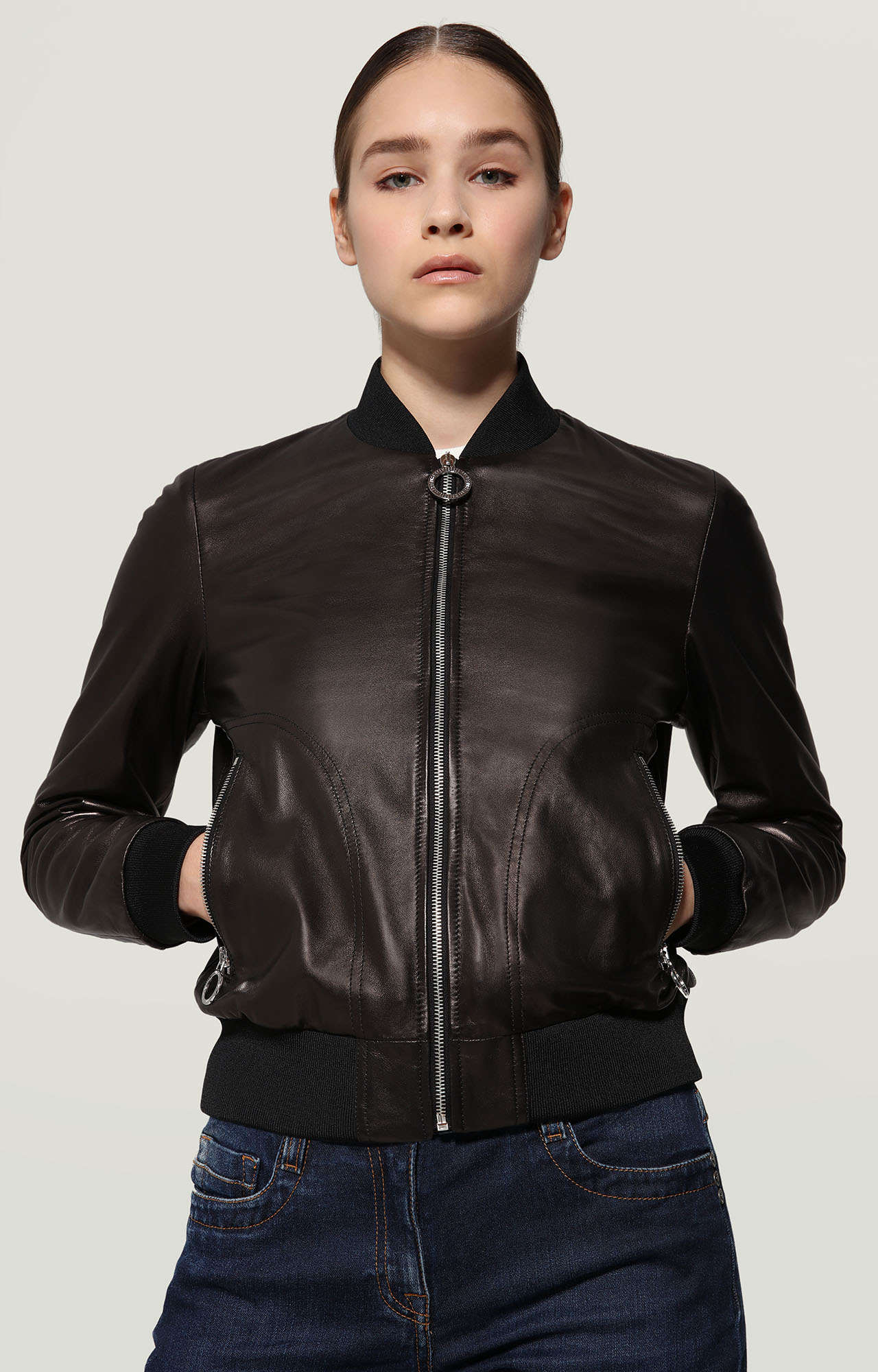 Women's bomber jacket in nappa leather, BLACK (202DH03500D1201C74